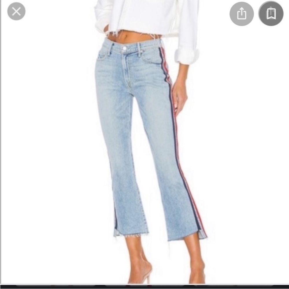 MOTHER Light Blue Cropped Flare Jeans with Red & Navy Side Stripe